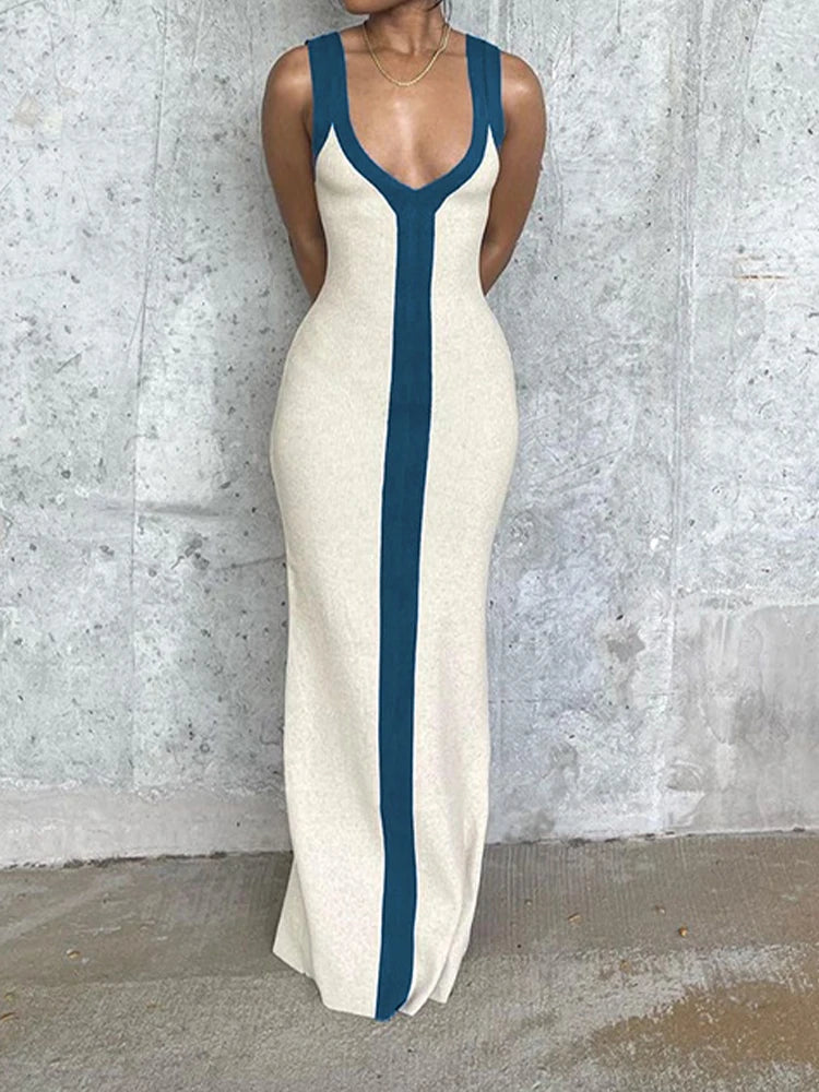 Sexy V-neck Contrast Color Off-shoulder Sleeveless Striped Wide Sling Split Hem Long Dress Temperament Party Club Casual Clothes