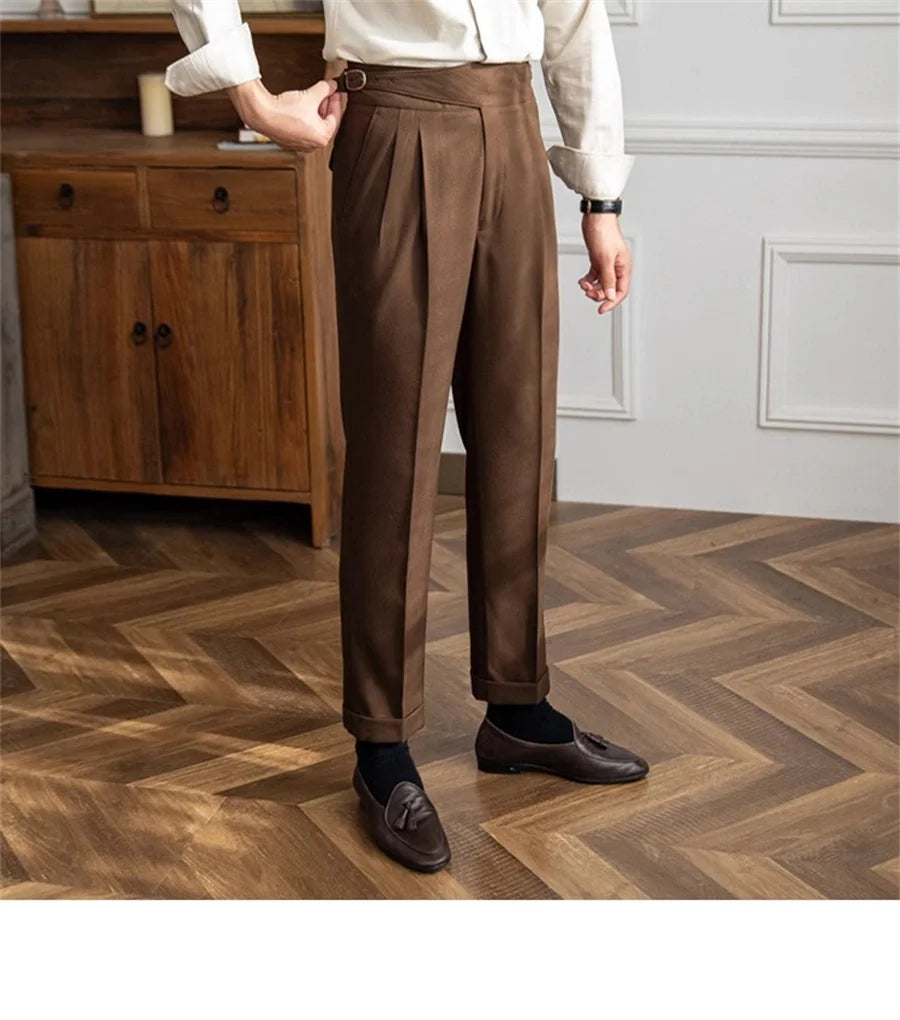 Men Solid Color Suit Trousers Spring Trendy Belt High Waist Pants Male Business Office Fashion Pleated Straight Pants Streetwear