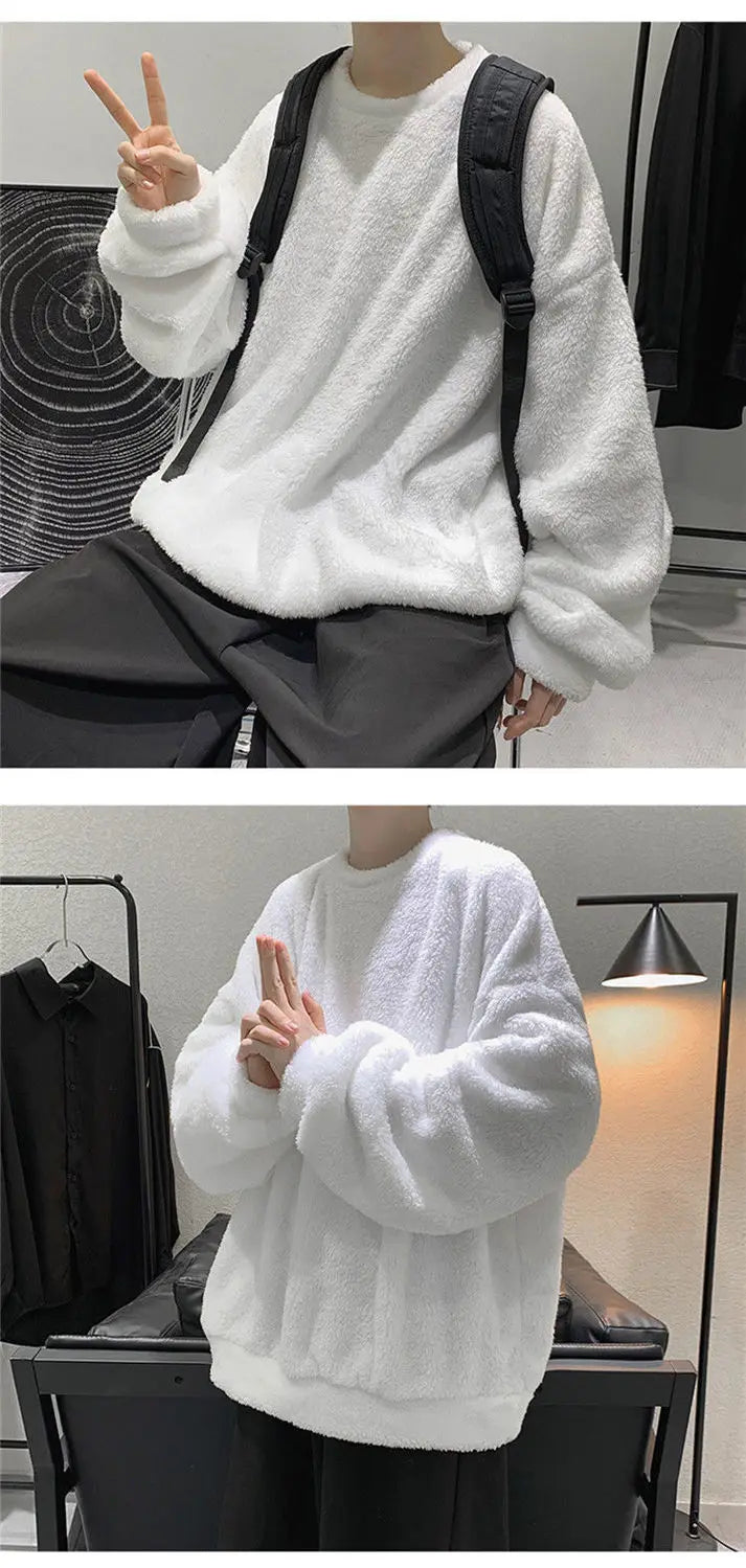 New Flannel Plush Youth Men Sweatshirt Autumn Winter Clothes v-shape Thicken Daily Warm Pullover jumper