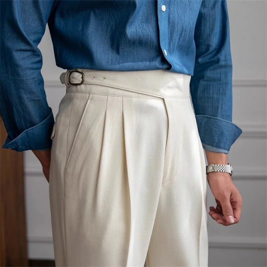 Men Solid Color Suit Trousers Spring Trendy Belt High Waist Pants Male Business Office Fashion Pleated Straight Pants Streetwear