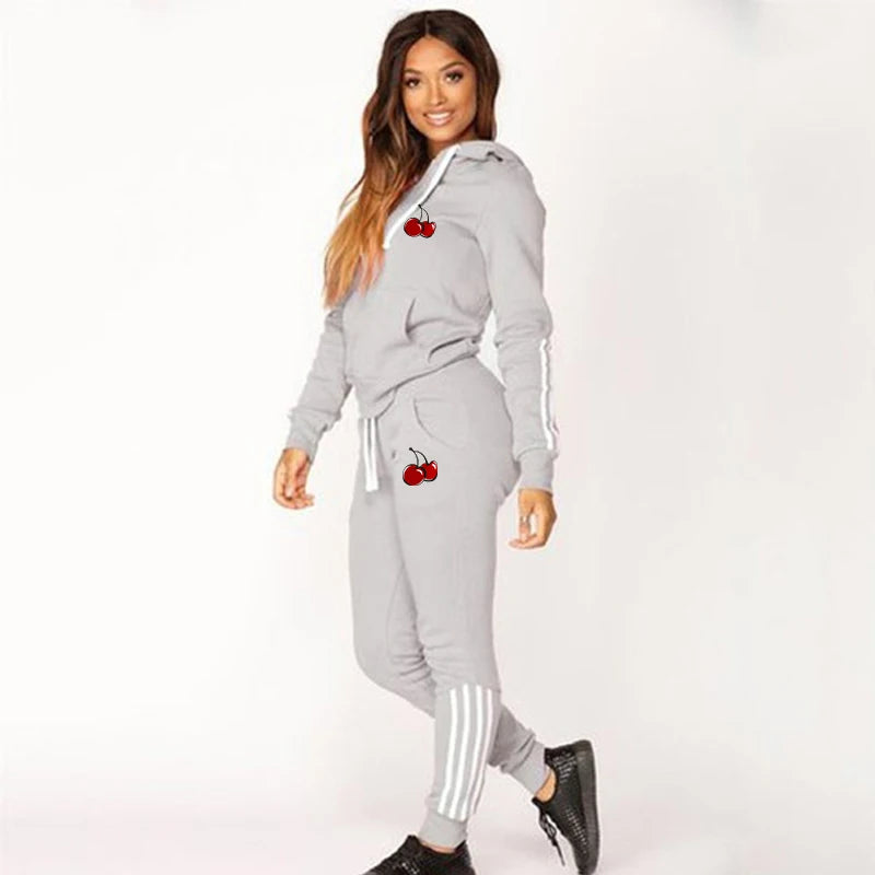 Newest  Fashion jogging Women Track Suits Sports Wear Cherry Printed Hoodies+Sweatpants