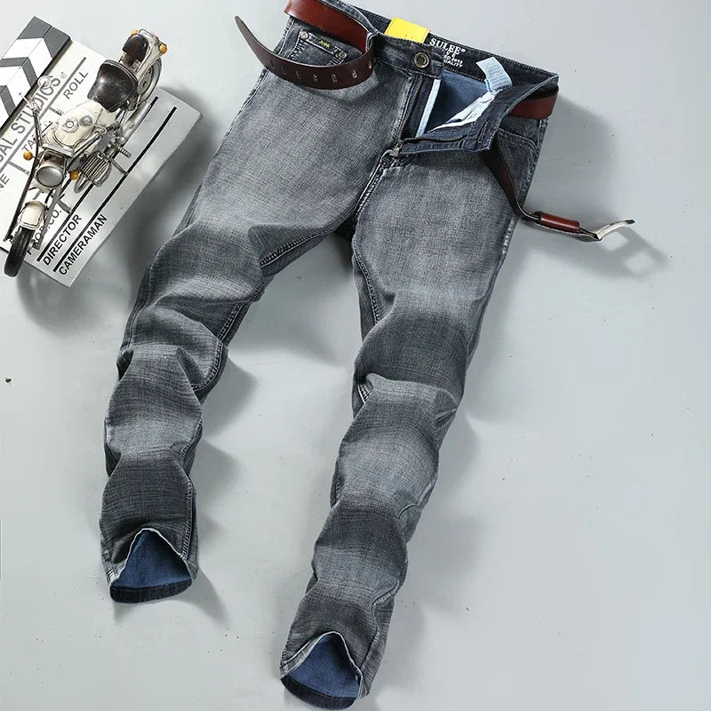 Men  Stretch Jeans Retro Smoke Gray Fit Straight Casual Denim Pants