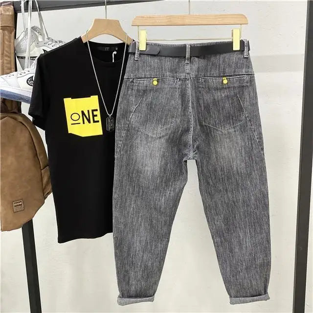 Fashionable Summer Autumn Luxury Cotton Trousers for Men Slim Solid Jeans with Stretch Classic Casual and Formal Wear Grey Jeans