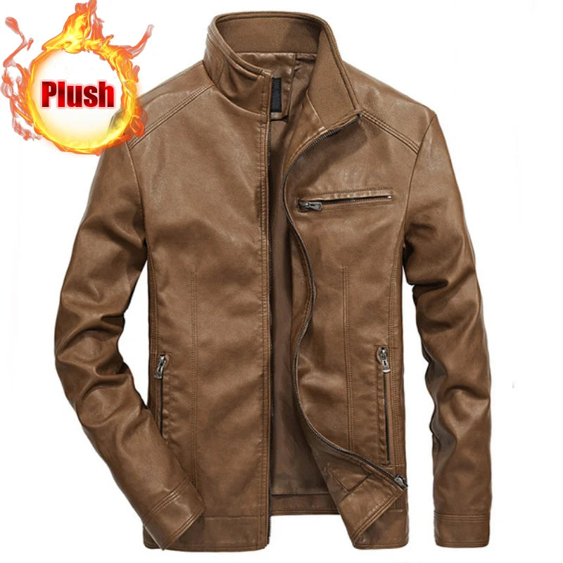 Men Autumn Winter Leather Jacket Coat Men's Retro Stand Collar Motorcycle Warm Fleece PU Leather Jacket