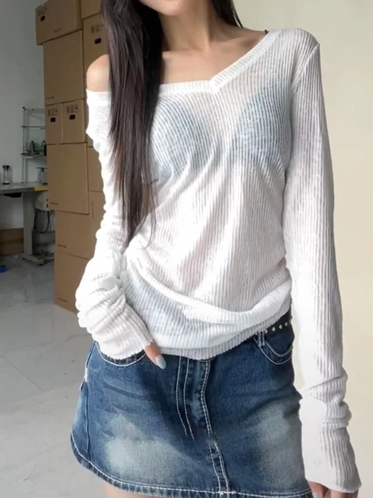 Women's Skinny Fit V-Neck Long Sleeve Stretch Tee – Summer 2025 | JEYONGZOO