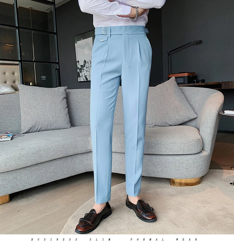 British Style New Solid High Waist Pant Men Business Formal Wear Trousers 2024 High Quality Slim Casual Office Suit