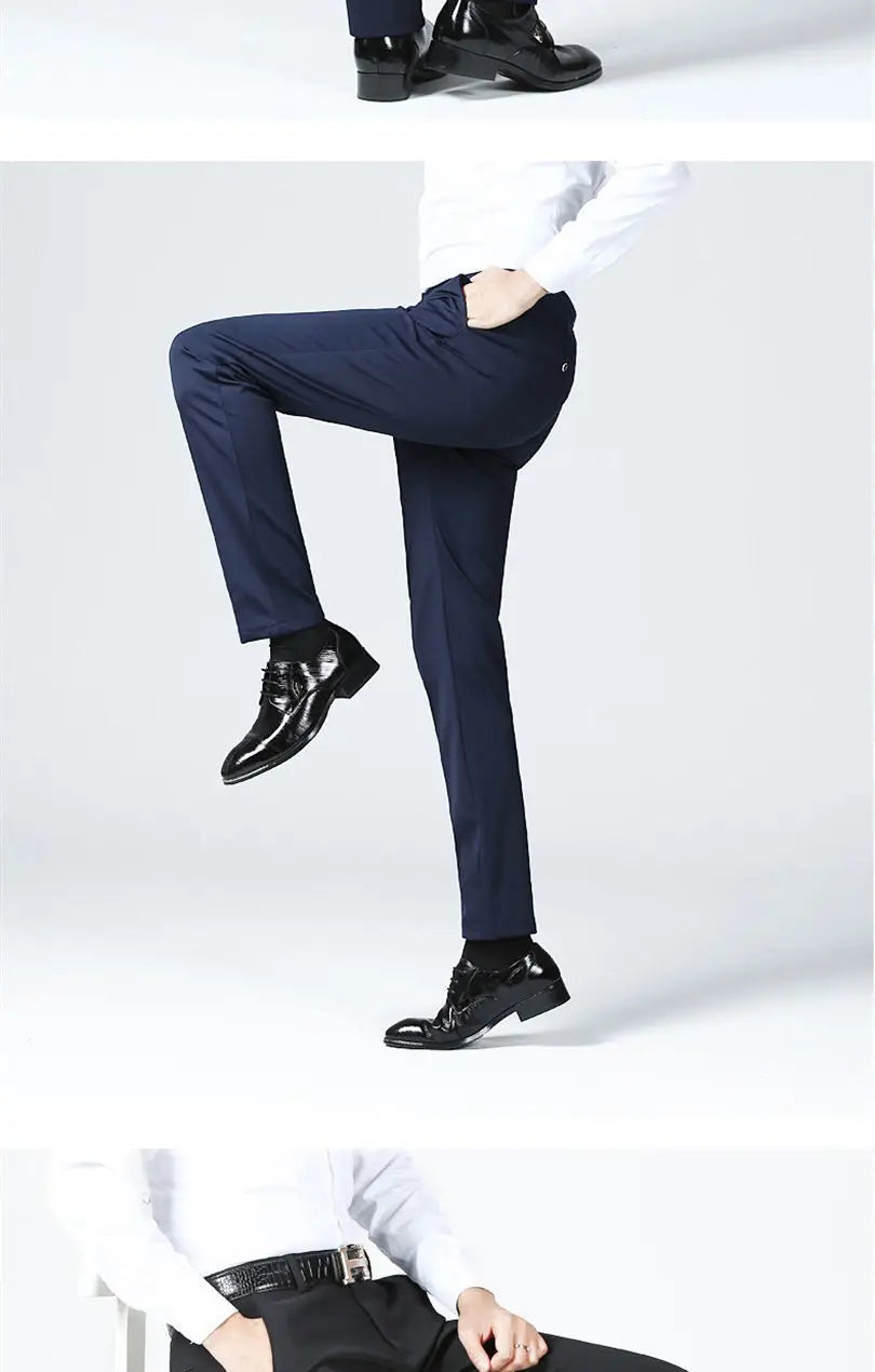 Men's Summer Casual Elastic Non-ironing Trousers coloured in Black Slim-fit Straight Business Formal Trousers