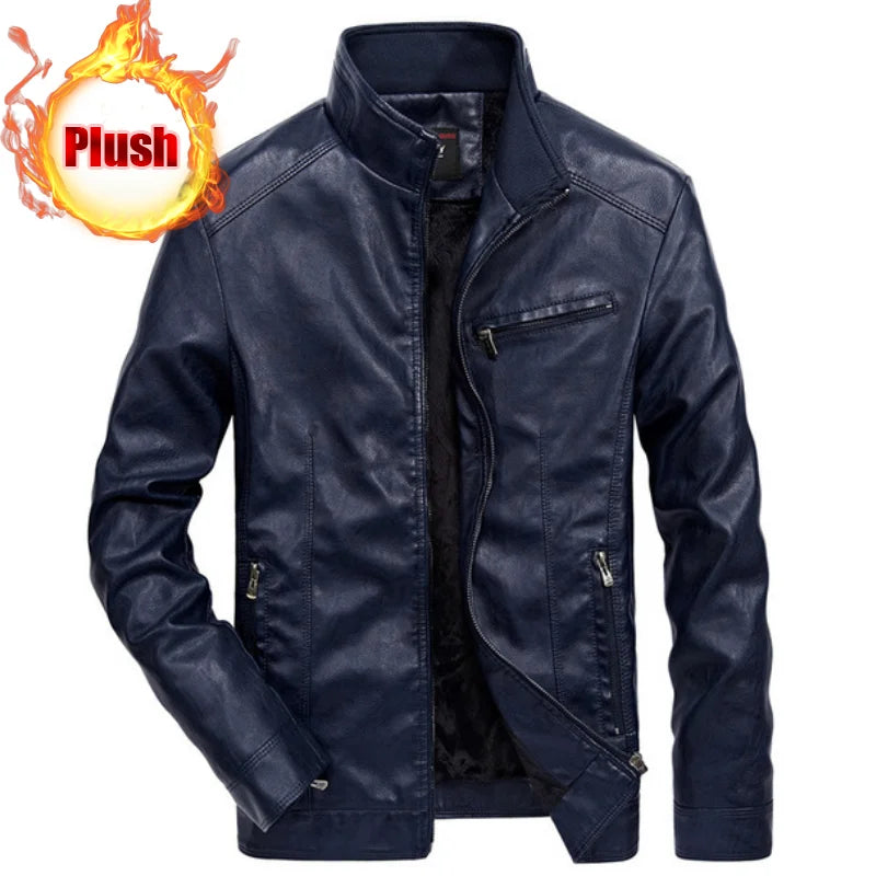 Men Autumn Winter Leather Jacket Coat Men's Retro Stand Collar Motorcycle Warm Fleece PU Leather Jacket