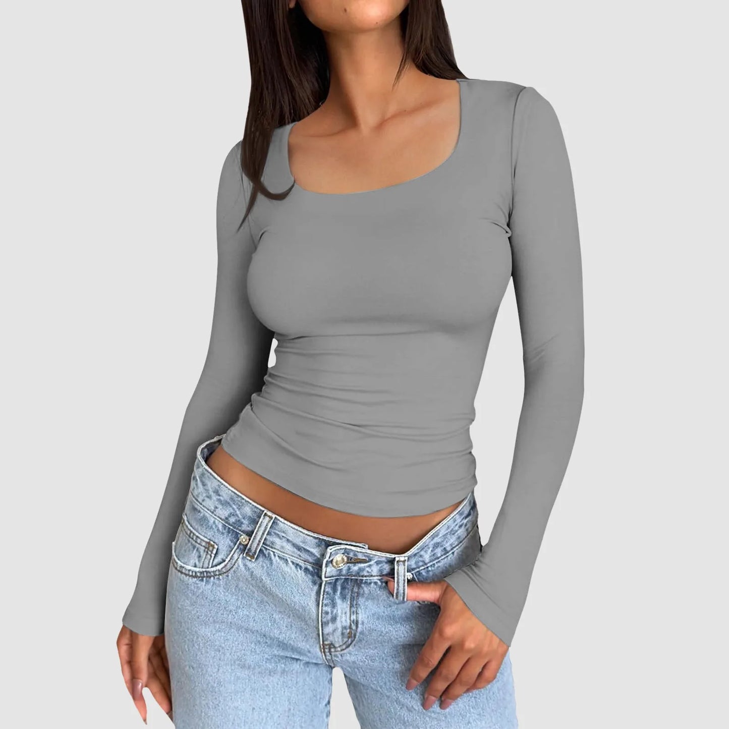 Women Long Sleeve Round Neck Crop Top basic solid tight slim women's plain T-Shirt.