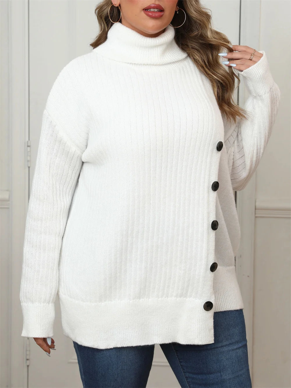 Plus Size Women's Turtleneck  Autumn Winter Drop Shoulder Button Casual Warm Pullover Female White Jumper