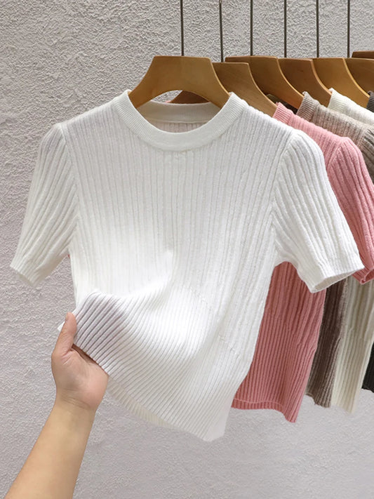2025 Summer T shirts for Women Casual Korean Knit Streetwear Basic Solid Young Cool Tops