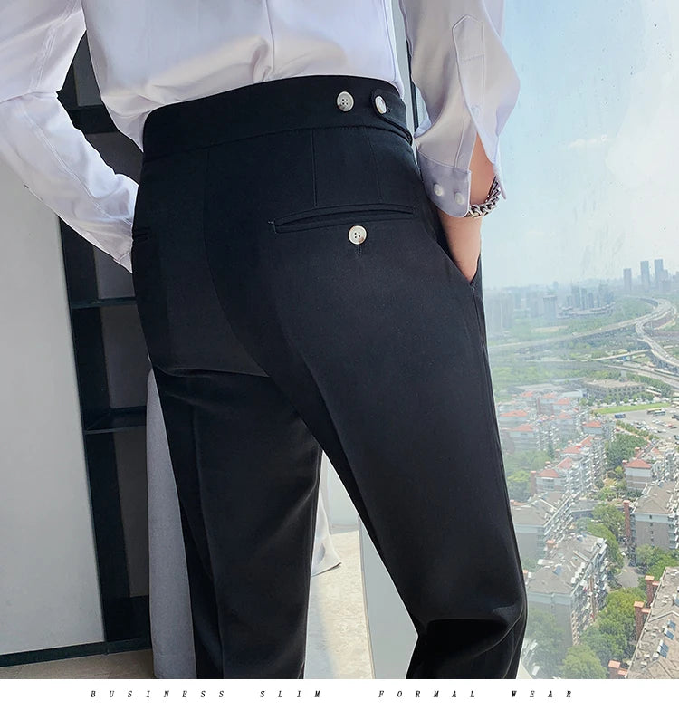 British Style New Solid High Waist Pant Men Business Formal Wear Trousers 2024 High Quality Slim Casual Office Suit