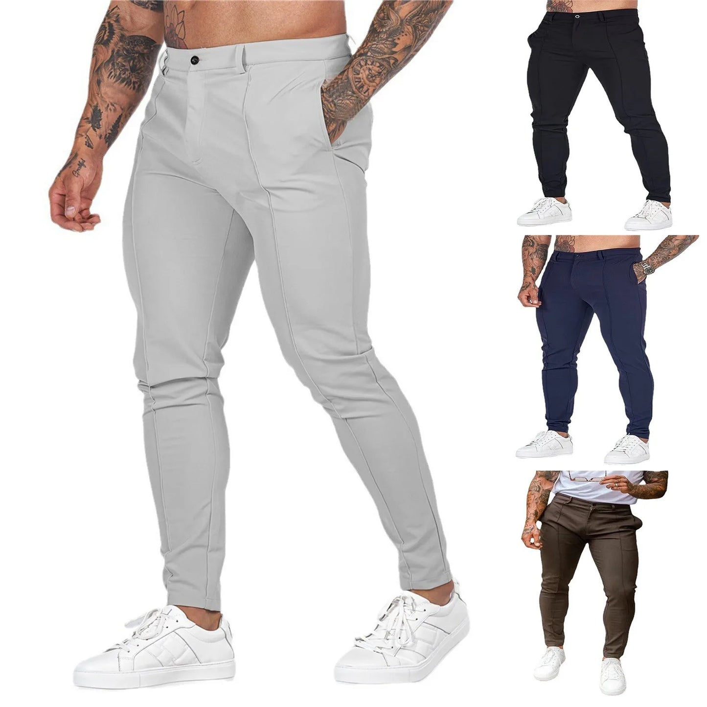 2024 Summer Elastic Straight Pants Texture Button Casual Small Legs Trousers  for men