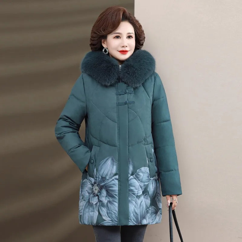 Women Winter Jacket Long Warm Thicken Cotton Padded Jacket Hooded  Middle Aged Women's Clothes