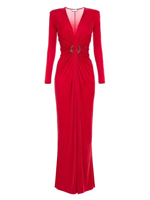 Elegant Women's Evening Summer New Deep V-neck Sexy Wrap Dress Solid Colour Tied Waist Splited  Pleated Maxi Dress