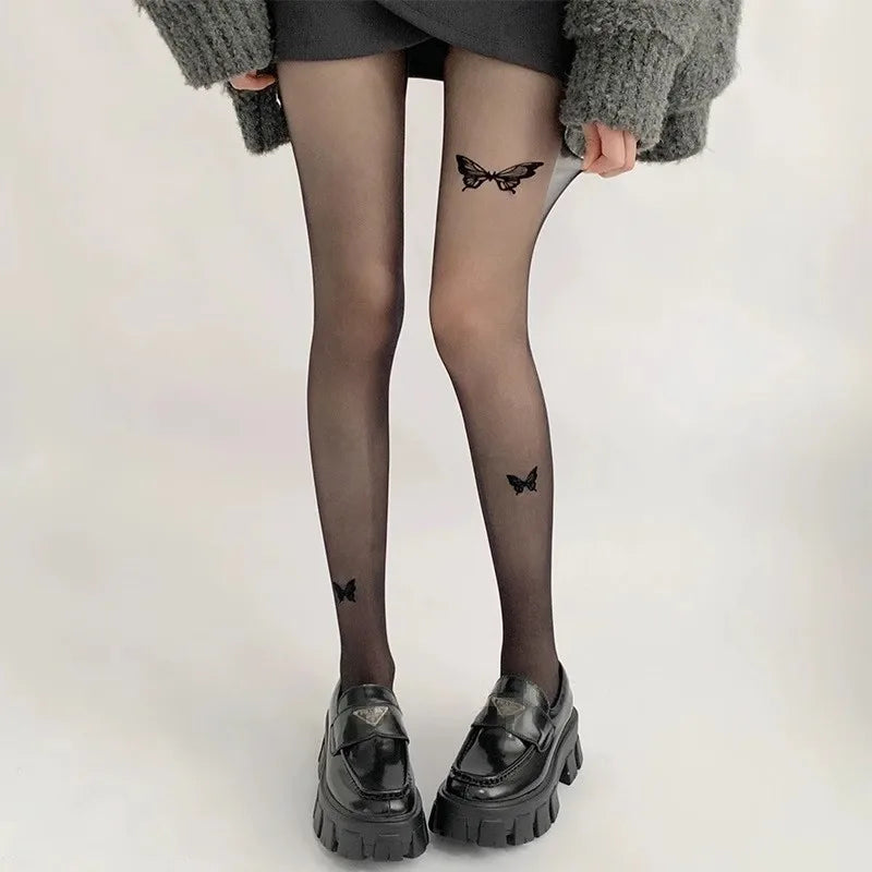 Sexy Women Black Tights Vintage Y2K Butterfly Print Transparent Silk  Summer Thight High Stockings