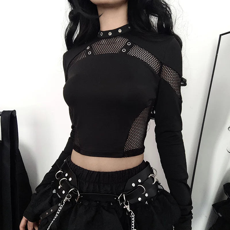 Goth Dark Gothic Punk Fishnet Patches Blouse for Women – Full Sleeve, Medium Stretch, Crew Neck, Autumn/Winter Fashion