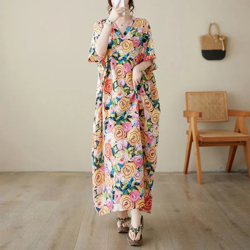 Boho Floral Cotton-Linen Summer Dress for Women – Ankle-Length, Loose Fit, O-Neck