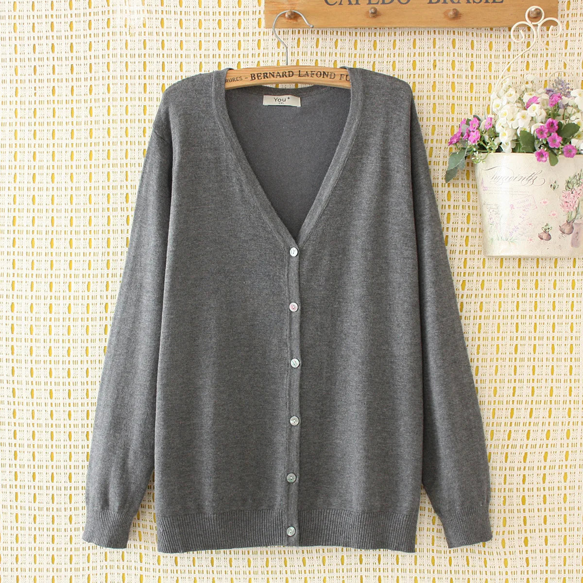 Plus Size Jumper Autumn Long Sleeve V-Neck WOMEN Mercerised Cotton Knitted Cardigan Spring Brief Solid Color Knitwear