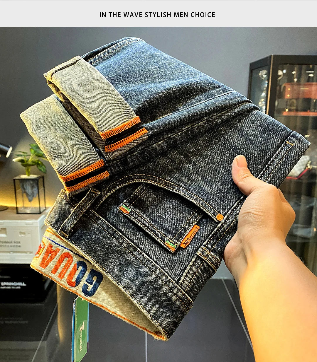 High end luxury casual jeans for men autumn winter fashion straight tube slim fit light business casual denim long pants