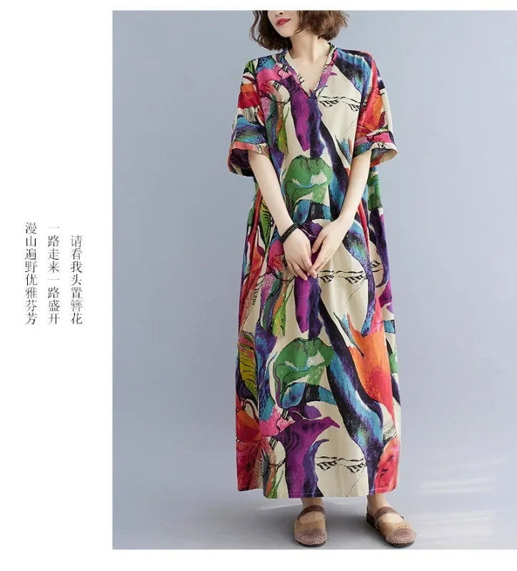 Boho Floral Cotton-Linen Summer Dress for Women – Ankle-Length, Loose Fit, O-Neck