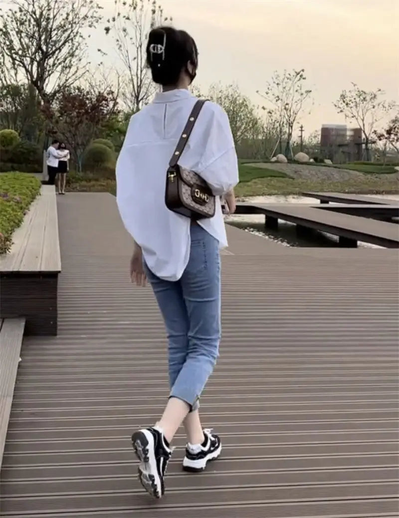 NoEnName_Null Women's Loose Fit Casual Shirt – Turn-down Collar Batwing Sleeve Cardigan