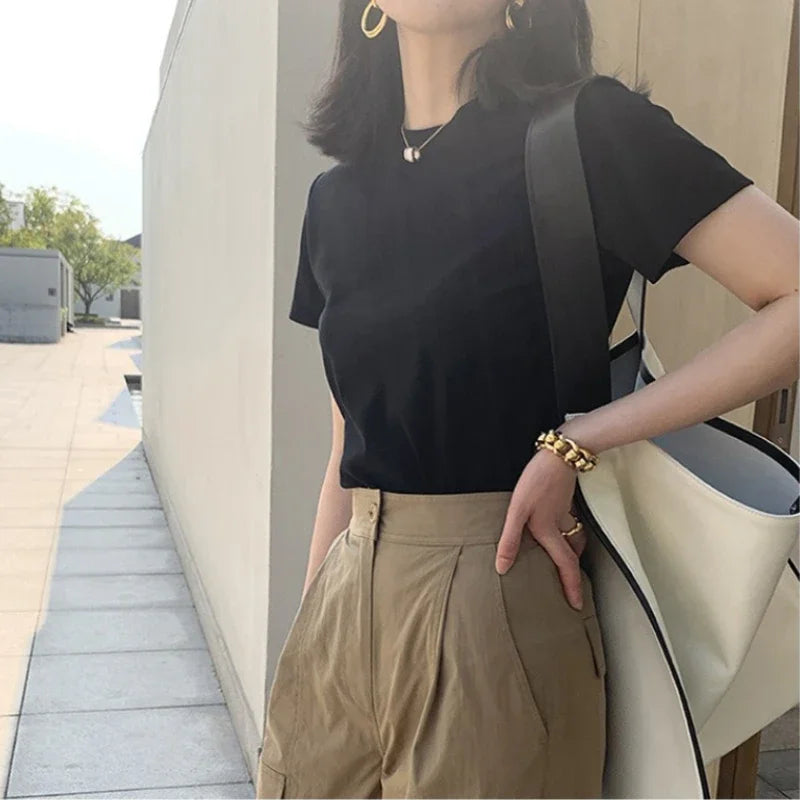 Summer T Shirts For Women cream Casual Korean Streetwear Basic Solid Young Cool free-sized Tops 2025