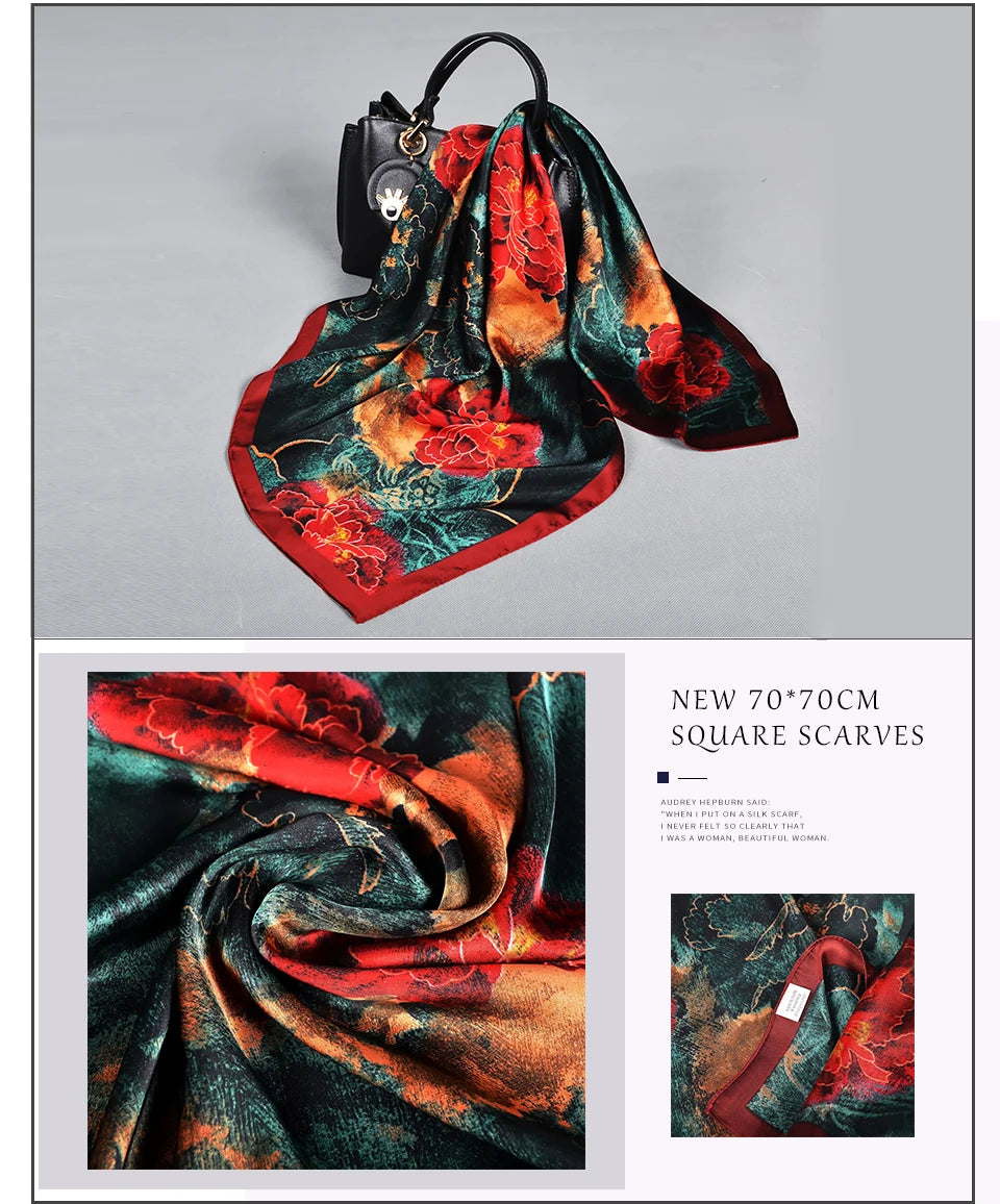 Silk Scarf Shawl Spring Fall Fashion Square Coffee Orange Scarves Foulard Winter Women Headscarves Accessories