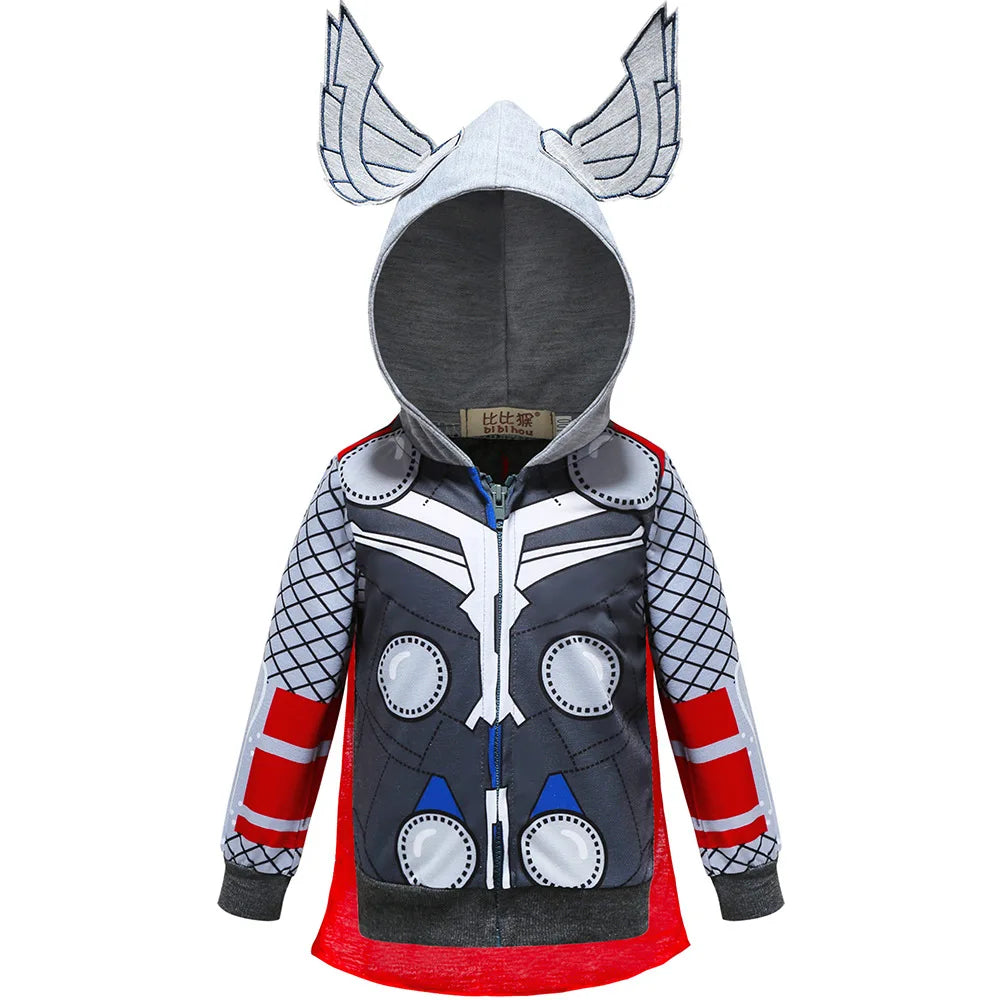 Kids Spiderman Hulk Thor Iron Man Hoodies Cosplay  Cartoon Print Zipper Hooded Jacket for Children