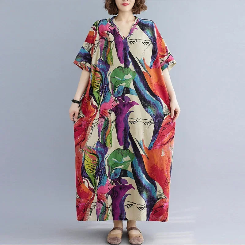 Boho Floral Cotton-Linen Summer Dress for Women – Ankle-Length, Loose Fit, O-Neck