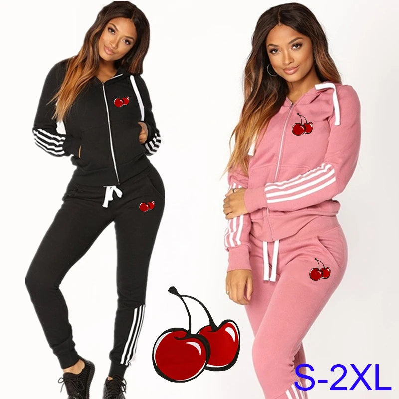 Newest  Fashion jogging Women Track Suits Sports Wear Cherry Printed Hoodies+Sweatpants