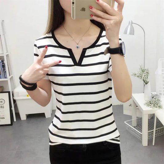 MRMT Stripes Womens T-Shirt V collar Skinny Half Sleeve Clothes ideal for summer