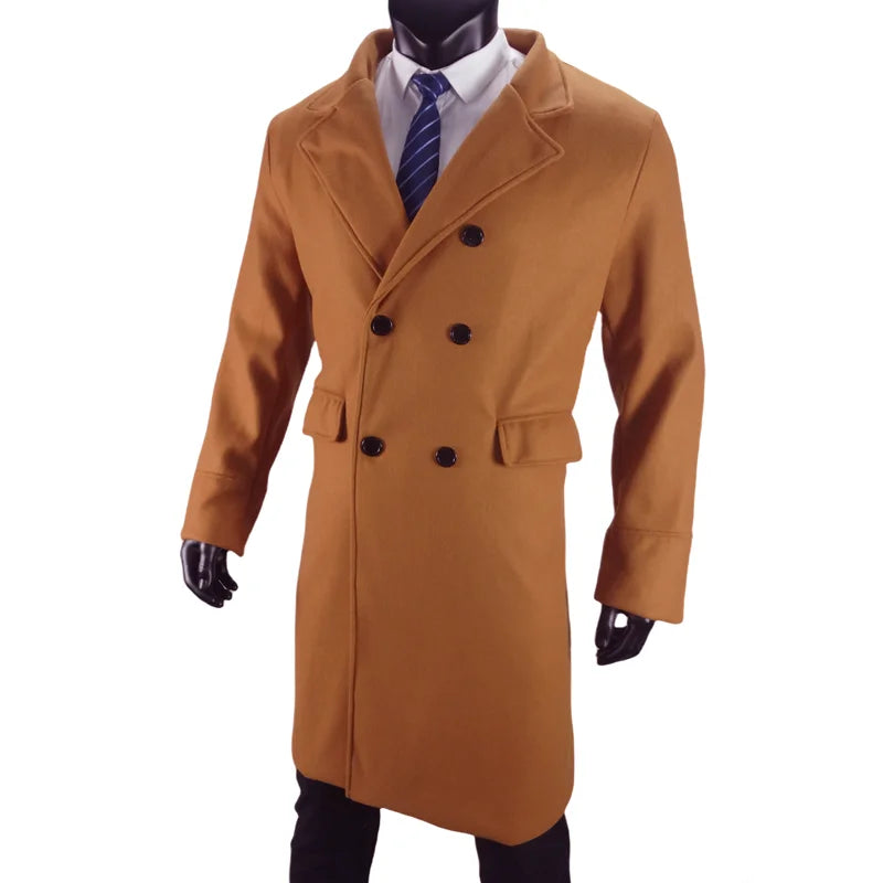 Men Long Double-breasted Coat with Lining Warm Type Wool Blend Lapel Casual Eu Size Customized overcoat