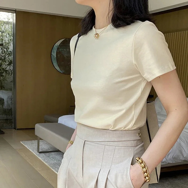 Summer T Shirts For Women cream Casual Korean Streetwear Basic Solid Young Cool free-sized Tops 2025
