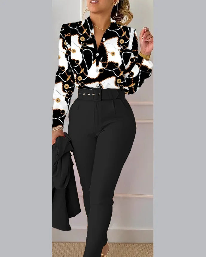 Fashion Printed Long Sleeved Women Suit Autumn and Winter Slim Fit Elegant Female Office 2 Piece Set