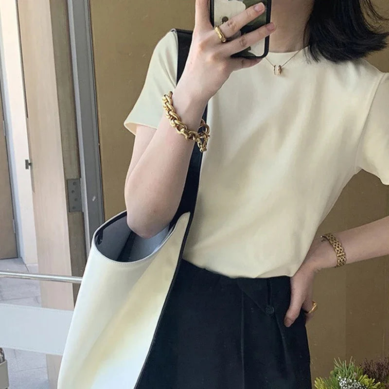 Summer T Shirts For Women cream Casual Korean Streetwear Basic Solid Young Cool free-sized Tops 2025