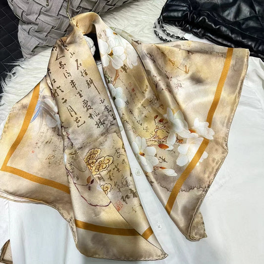 BYSIFA 100% Mulberry Silk Magnolia Print Scarf for Women – Fashionable and Versatile Silk Accessory