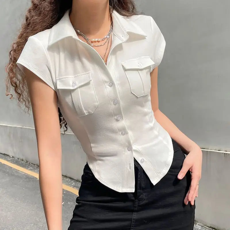 Skinny Short Sleeve Shirts Women Collar Pockets White T-Shirt Slim Fit Single-Breasted with black dress elegant cloth