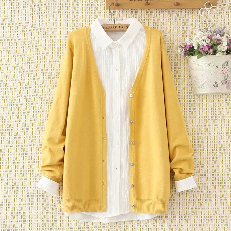 Plus Size Jumper Autumn Long Sleeve V-Neck WOMEN Mercerised Cotton Knitted Cardigan Spring Brief Solid Color Knitwear