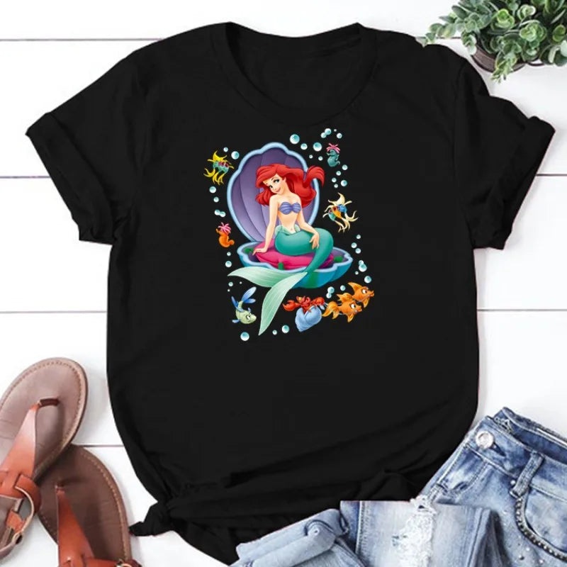 MINISO Women's Casual Cartoon Appliqué O-Neck Polyester T-Shirt for Spring/Summer