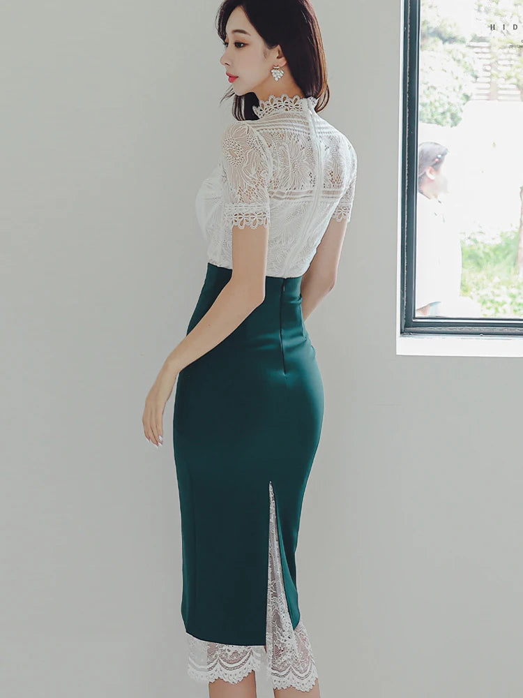 MingJieBiHuo Women's Vintage Slim Fit Lace Midi Dress – Stand Collar, Zipper Closure