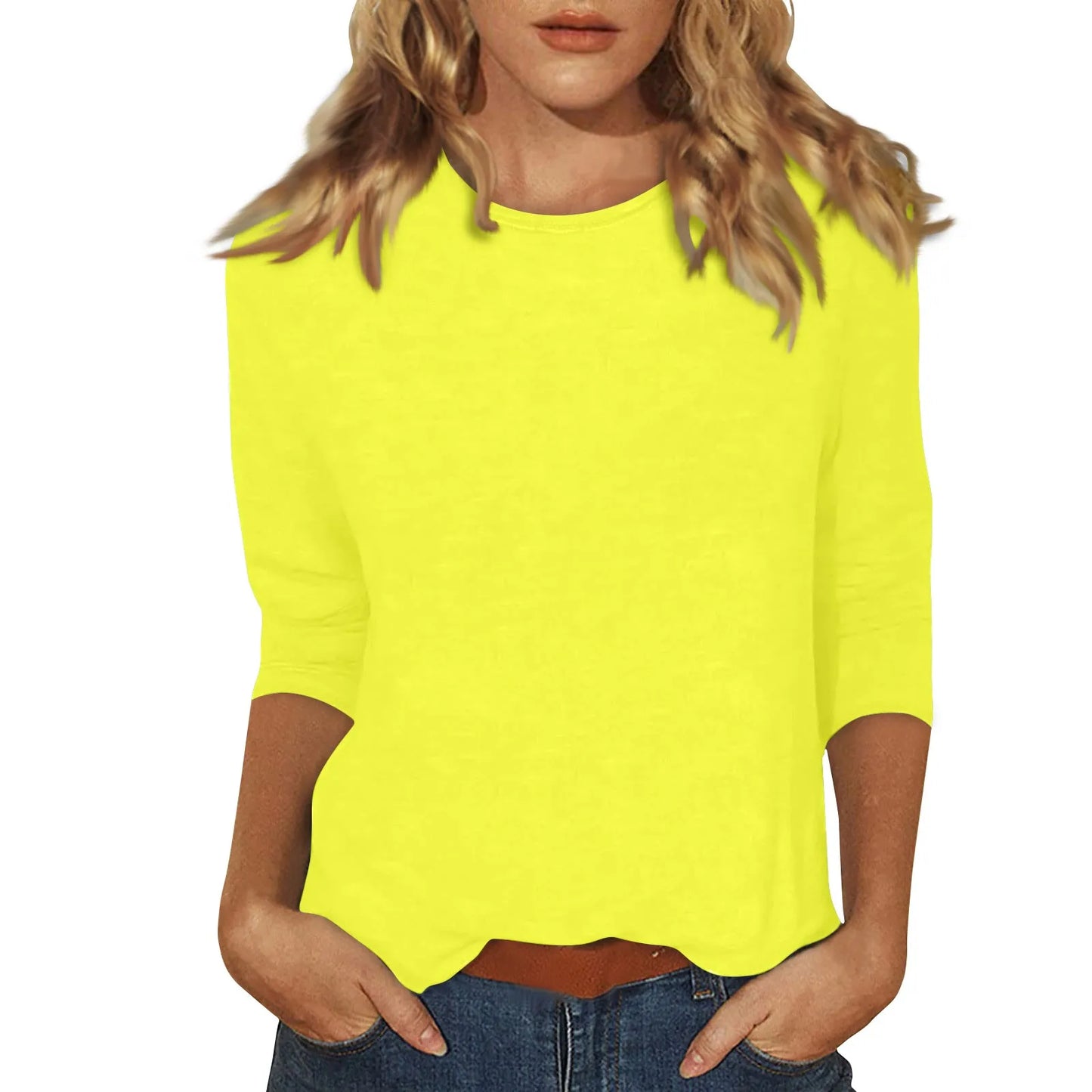 Women's Summer T-Shirts 2024 Fashion Casual Everyday Versatile O-Neck 3/4 Length Sleeve Tops Solid Color T-Shirt Tops Plus Size