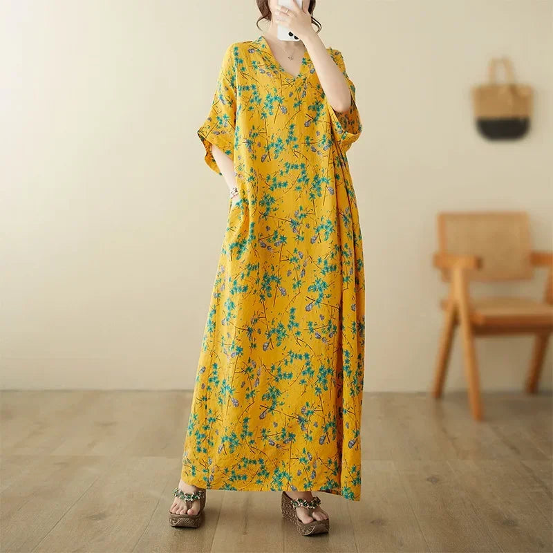 Boho Floral Cotton-Linen Summer Dress for Women – Ankle-Length, Loose Fit, O-Neck