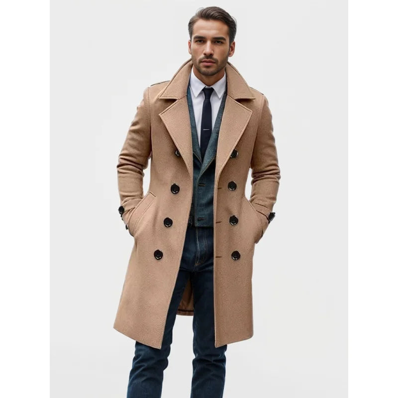 2024Autumn and Winter High Quality Thick Mid-Length Double Breasted Men's Wool Slim Fit Coat European Size