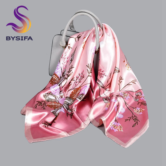 Pink New Elegant Floral Square Silk Satin Scarves