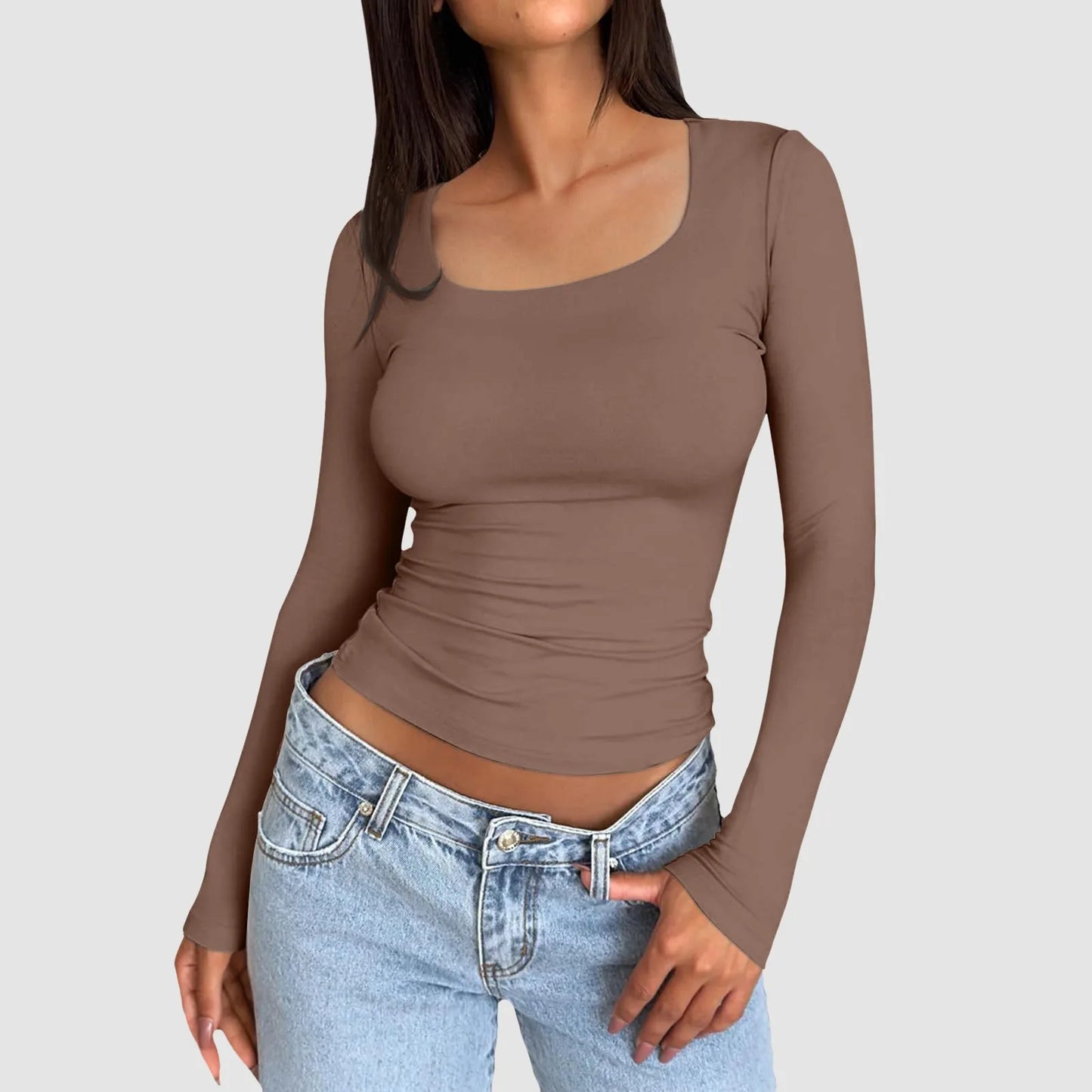 Women Long Sleeve Round Neck Crop Top basic solid tight slim women's plain T-Shirt.