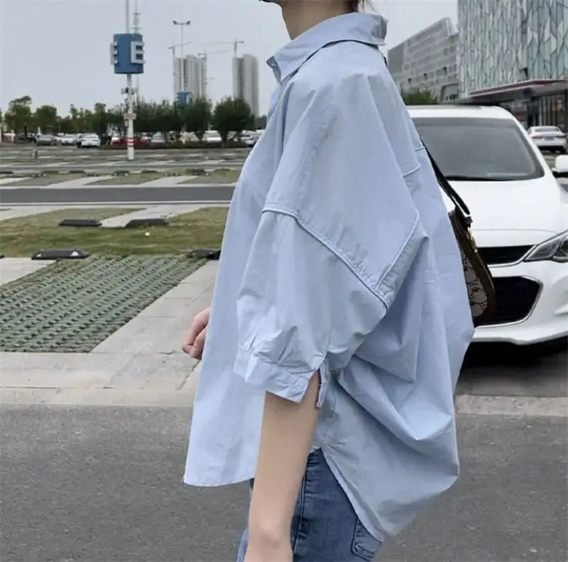 NoEnName_Null Women's Loose Fit Casual Shirt – Turn-down Collar Batwing Sleeve Cardigan