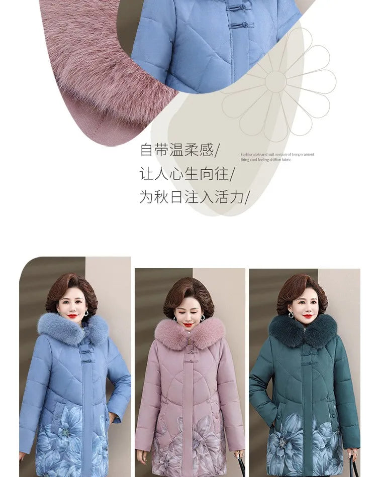 Women Winter Jacket Long Warm Thicken Cotton Padded Jacket Hooded  Middle Aged Women's Clothes