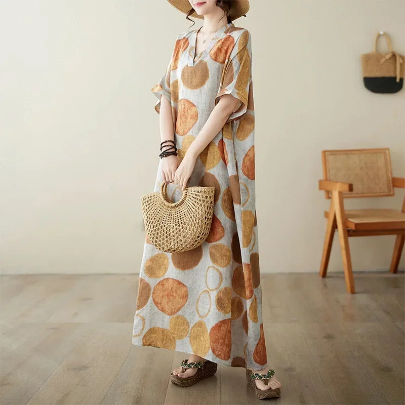 Boho Floral Cotton-Linen Summer Dress for Women – Ankle-Length, Loose Fit, O-Neck