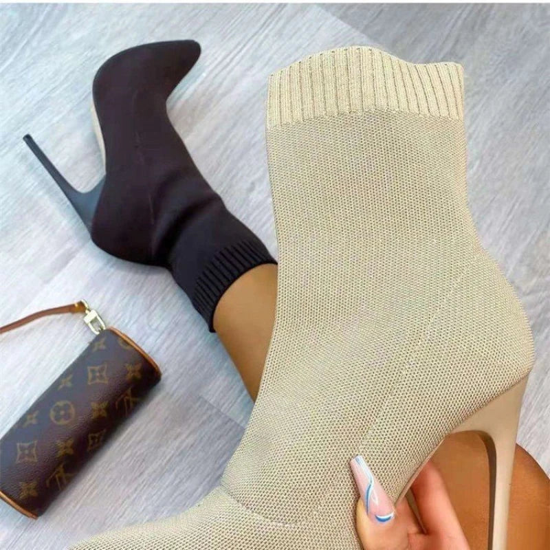 Luxury Women Sock Stretch Fabric Ankle Exotic Dancer High Heels Ladies Stilettos Autumn Winter Pointed Toe Boot